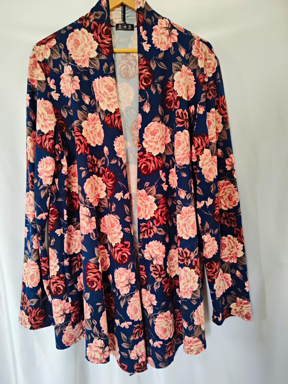 B+B Womens Plus 3XL Blue Pink Floral Open Front Long Sleeve Cardigan